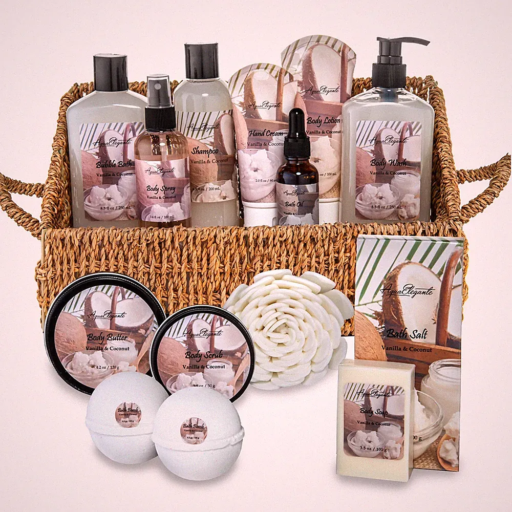 Bath Spa Gift Set (Aqua Elegante) - Luxury Basket With Coconut & Vanilla